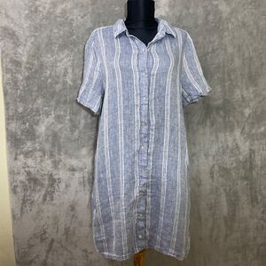 Tahari  100% Linen Button down shirt dress women’s M Boho Striped Beach pockets